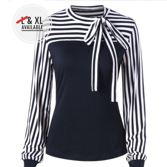 Tops - Chic Bow Neckline Striped Blouse